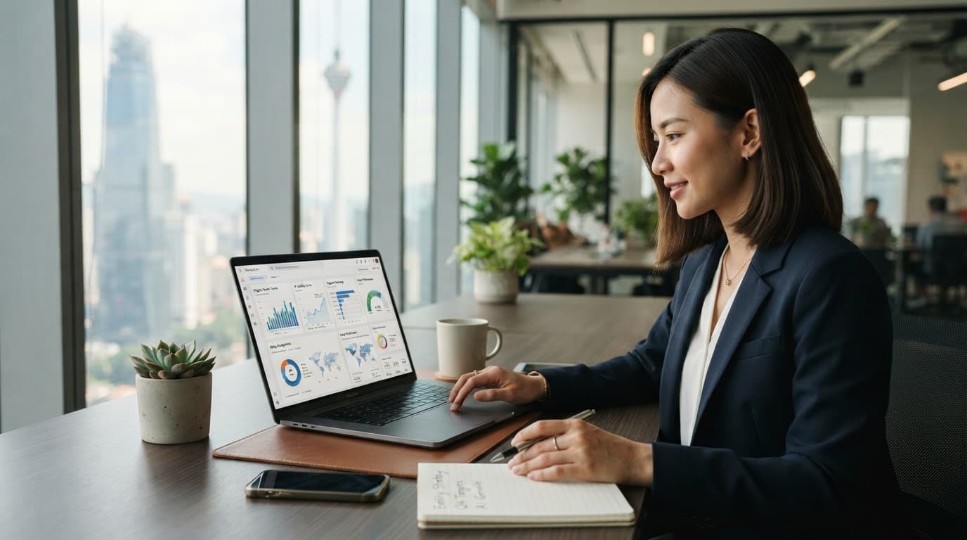 A professional analyzing search data on a laptop in a bright modern office.