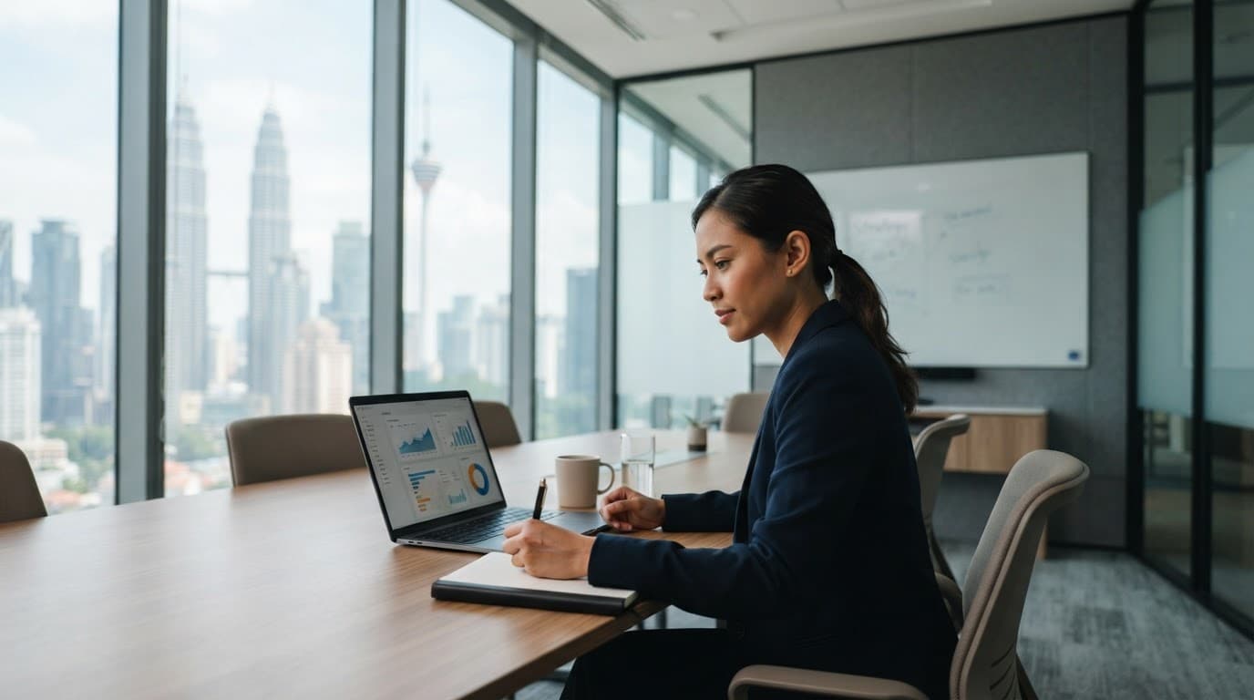 A professional working on strategy at a desk in a modern office.
