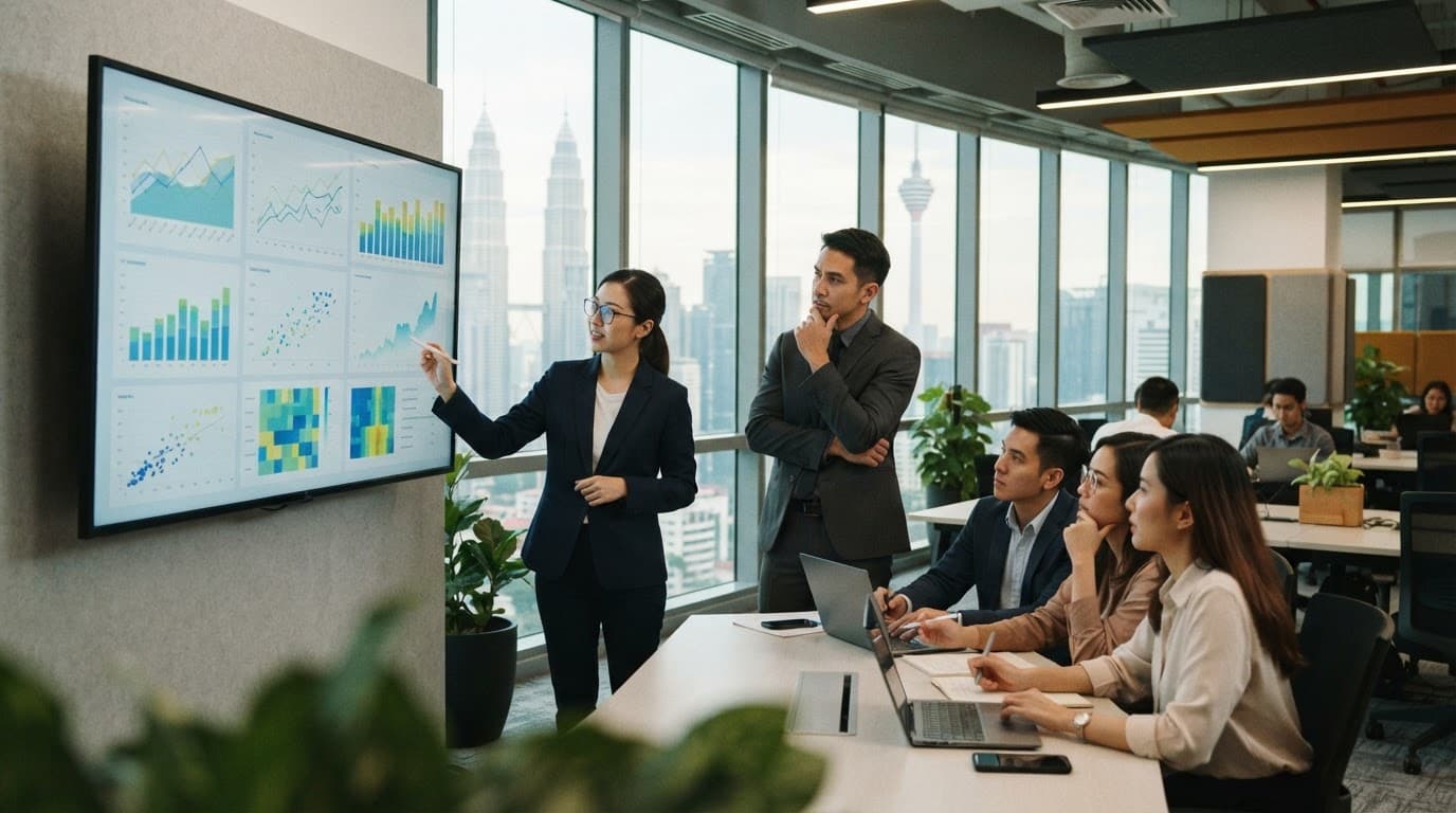 A professional team reviewing research charts on a large screen in a modern office.