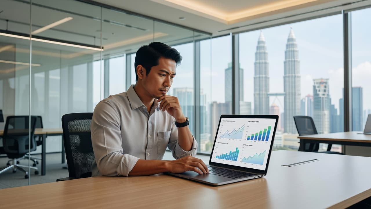 A professional reviewing website analytics and visibility charts on a laptop in a bright office.