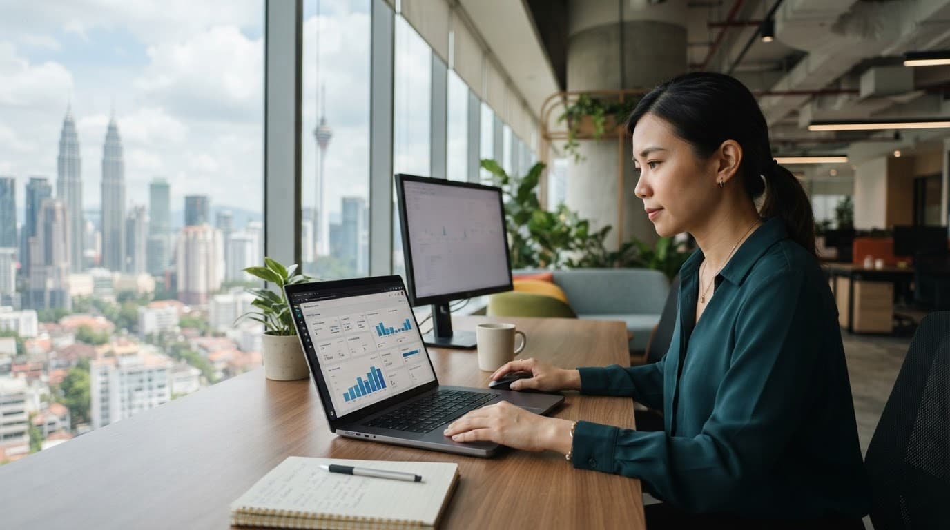 An employee reviewing marketing data on a laptop in a bright office.