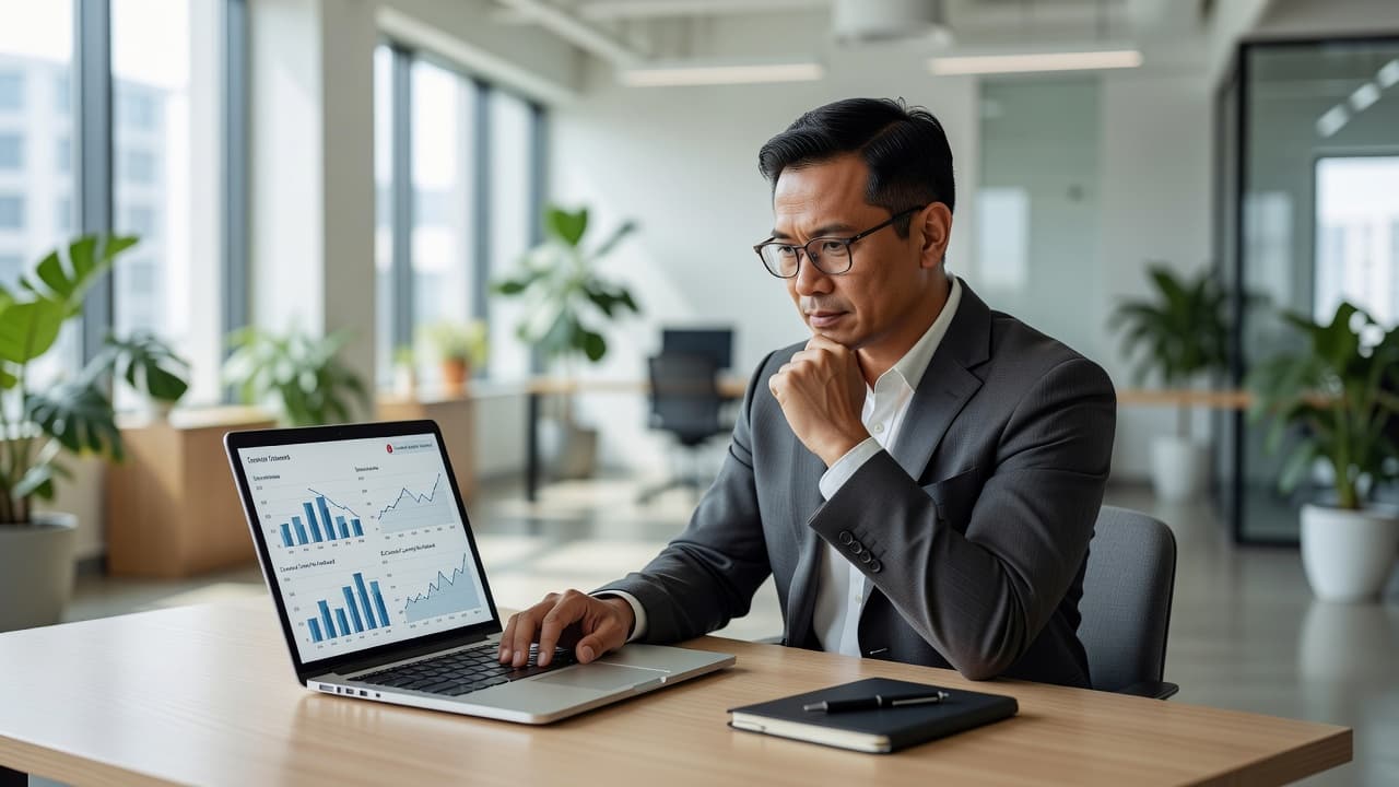 A focused Malaysian business professional sits at a minimalist desk inside a bright modern office. They are carefully examining a laptop screen displaying complex website traffic data and indexing performance charts.