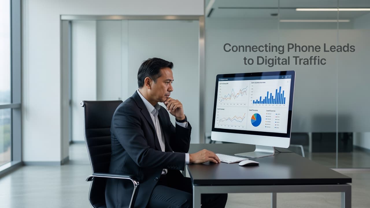A business owner reviews performance charts on a computer screen in a bright office.