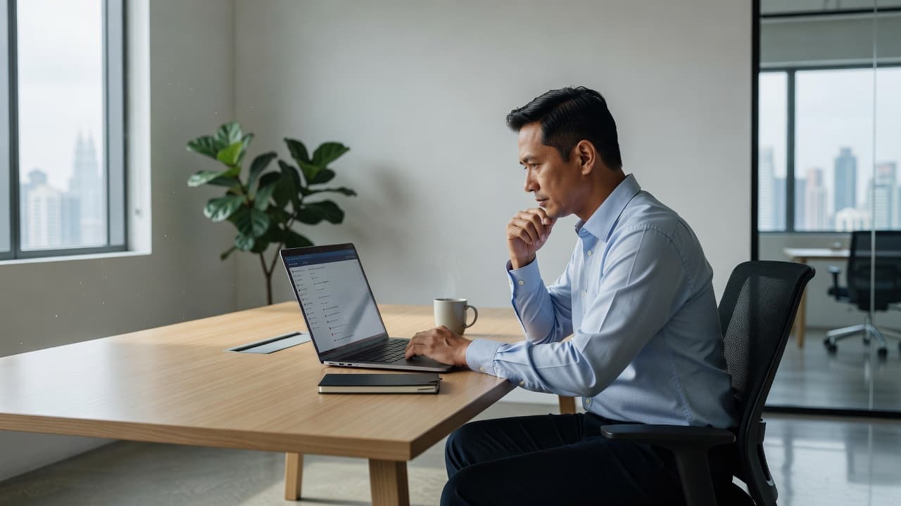 A business owner in a modern office looking at directory listings on a laptop.