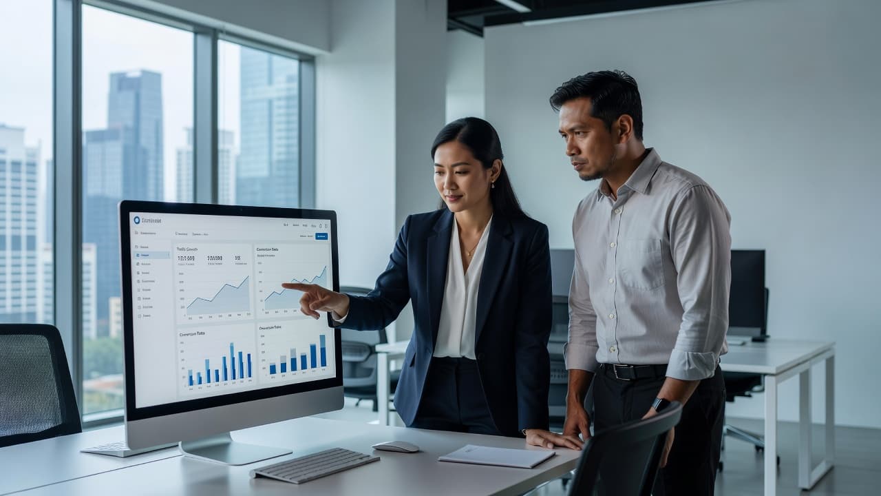 Two business professionals sit in a clean, sunlit office reviewing colorful website analytics on a large monitor. The workspace features contemporary decor and a minimalist aesthetic suitable for strategy discussions.