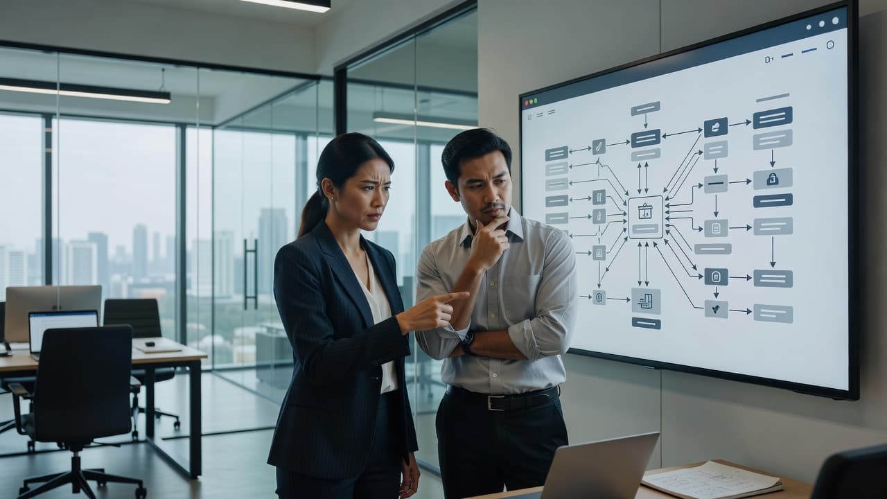 Two colleagues stand before a large wall monitor displaying a complex website architecture diagram. The modern office features clean lines and bright ambient lighting reflecting a productive corporate work environment.