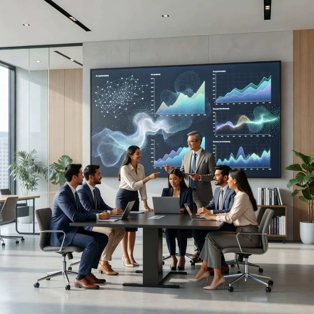 A diverse team gathers around a large display featuring colorful data charts in a bright office. They wear professional attire while discussing marketing strategy in a spacious, modern corporate environment.