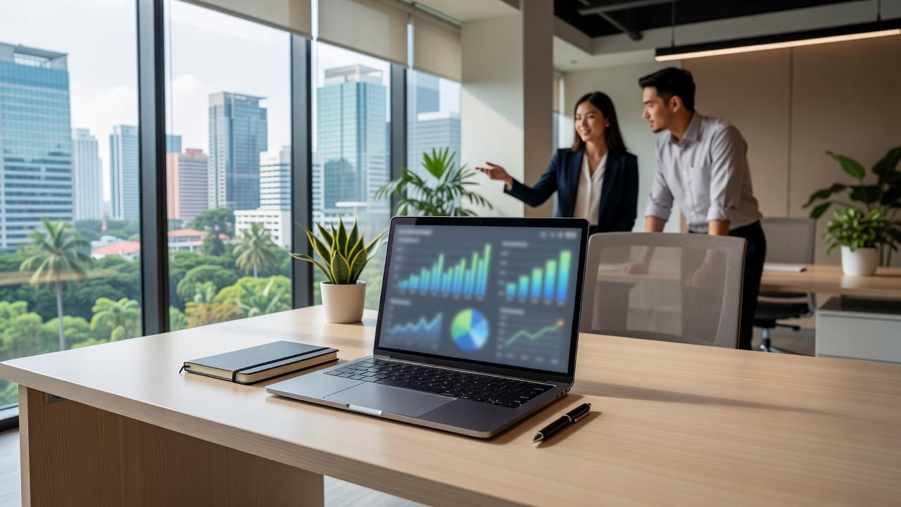 A laptop screen showing business analytics on a clean desk in a sunny professional office.