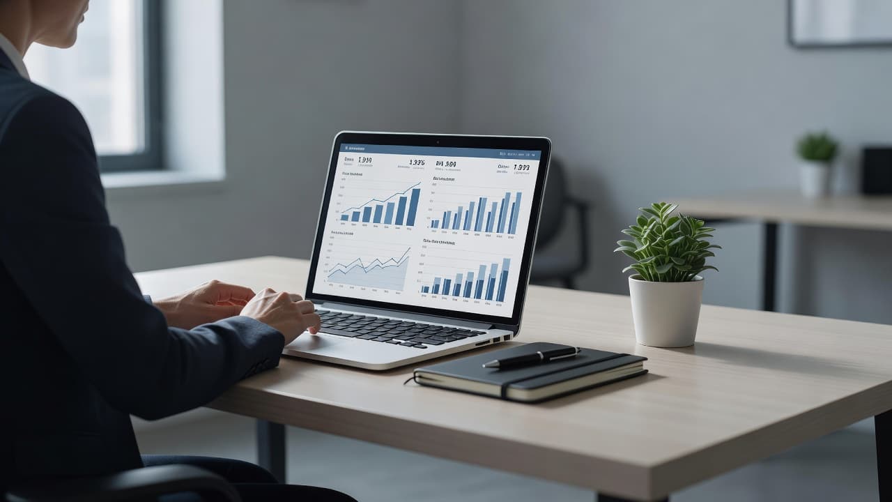 A laptop on a clean desk displaying website comparison data charts.