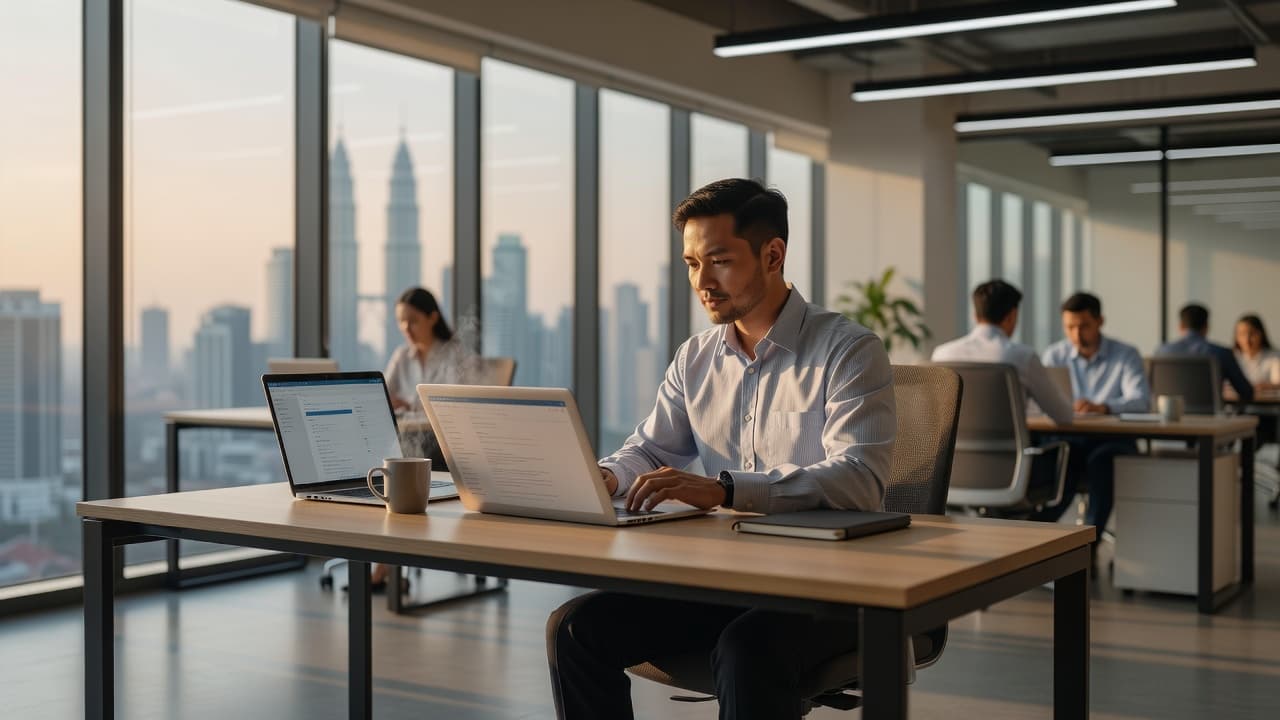 A professional working on a laptop at a desk in a clean office setting.