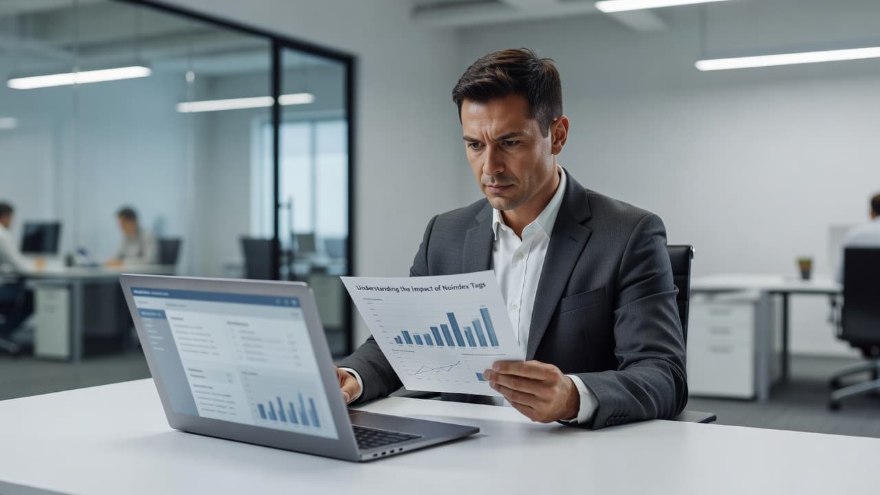 A focused professional sits at a clean desk reviewing a printed document while a laptop screen displays complex blurred data analytics. The bright office environment suggests a high-level technical analysis.