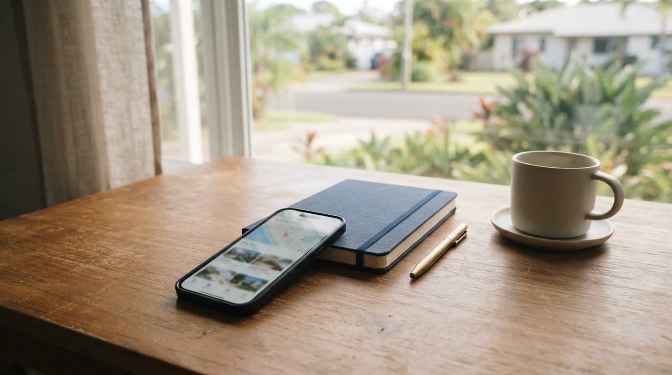 A smartphone, notebook, and coffee cup on a wooden desk in soft window light.