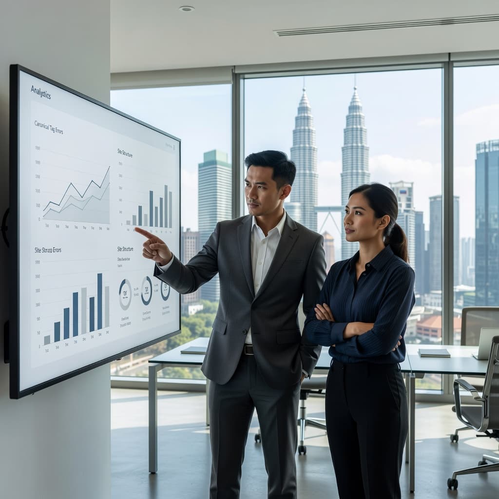 Two colleagues in a bright, modern Malaysian office analyze a blank website dashboard displayed on a large monitor. The professionals maintain a focused, collaborative posture while discussing complex technical website strategies.