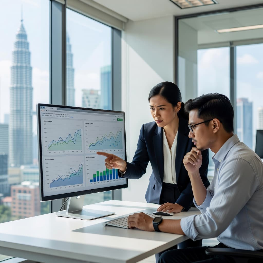 Two colleagues looking at a large computer screen displaying website analytics in a bright office.