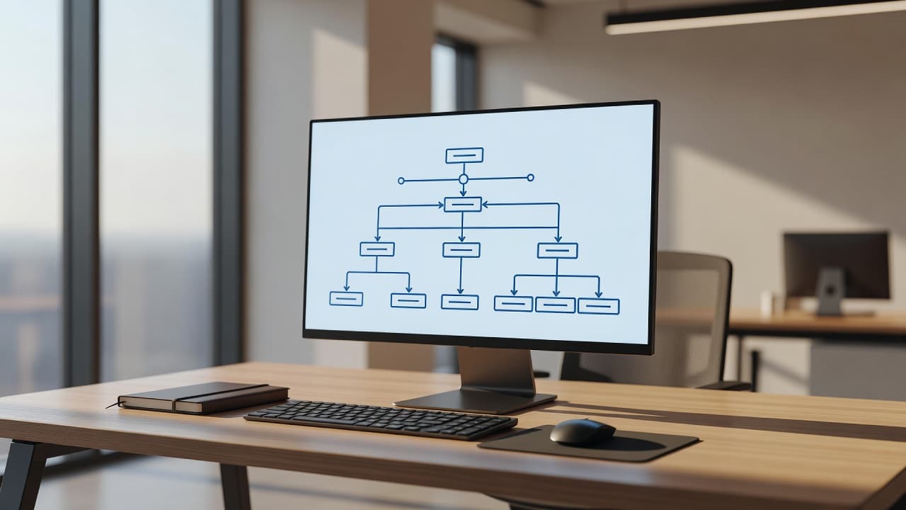 A high-end computer monitor sits on a clean desk, displaying a logical website architecture diagram. Warm sunlight illuminates the professional office interior, highlighting a minimalist and highly efficient workspace environment.