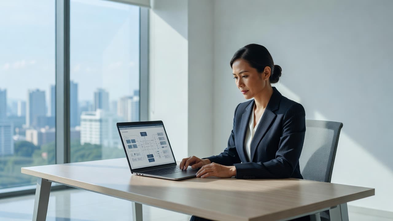 A business owner analyzing website structure data on a laptop in a bright office.