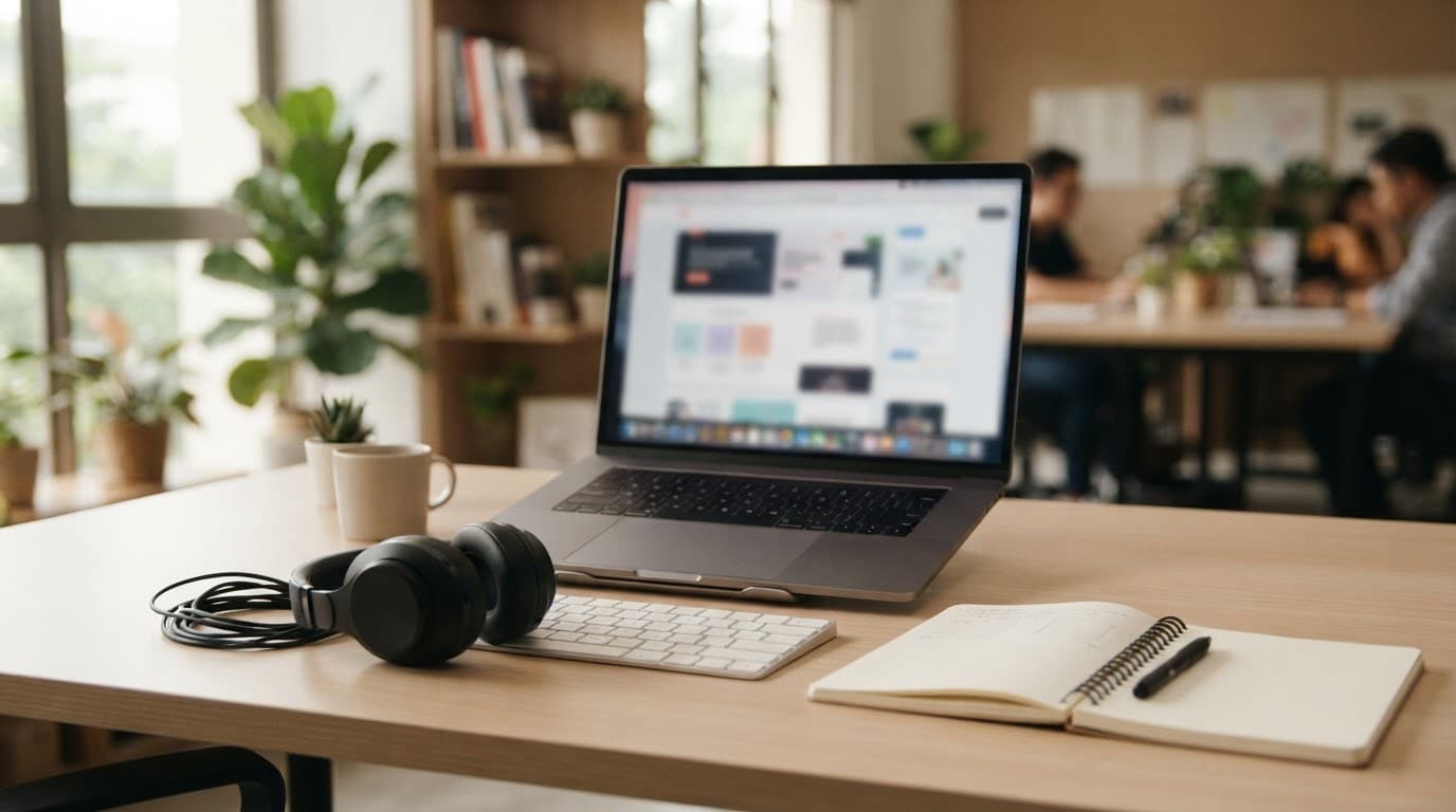 Laptop, keyboard, headphones, and notebook arranged on a bright office desk.