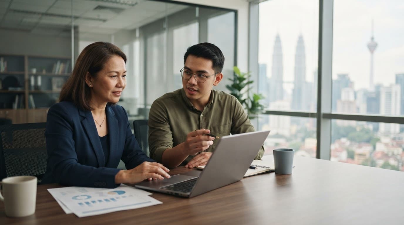 Two professionals review charts and a laptop at a bright Kuala Lumpur office table.