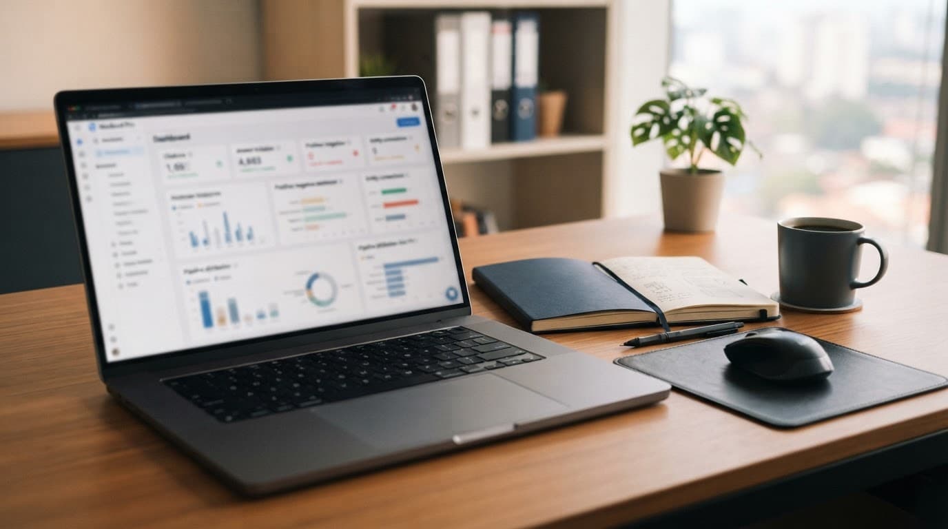 Laptop, notebook, and coffee on a modern office desk with blurred analytics indicators.