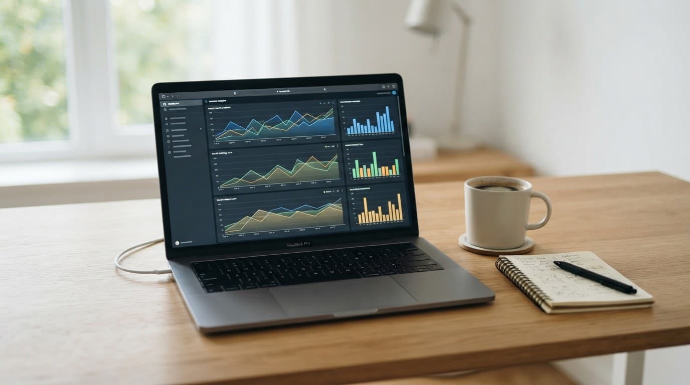 Laptop with abstract search charts beside coffee and a notepad on a clean desk.