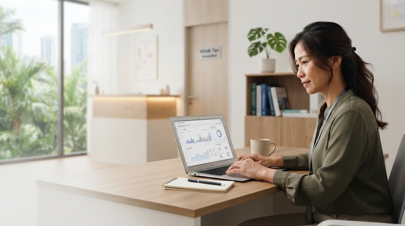 A clinic owner reviews an analytics dashboard on a laptop in a modern medical office.