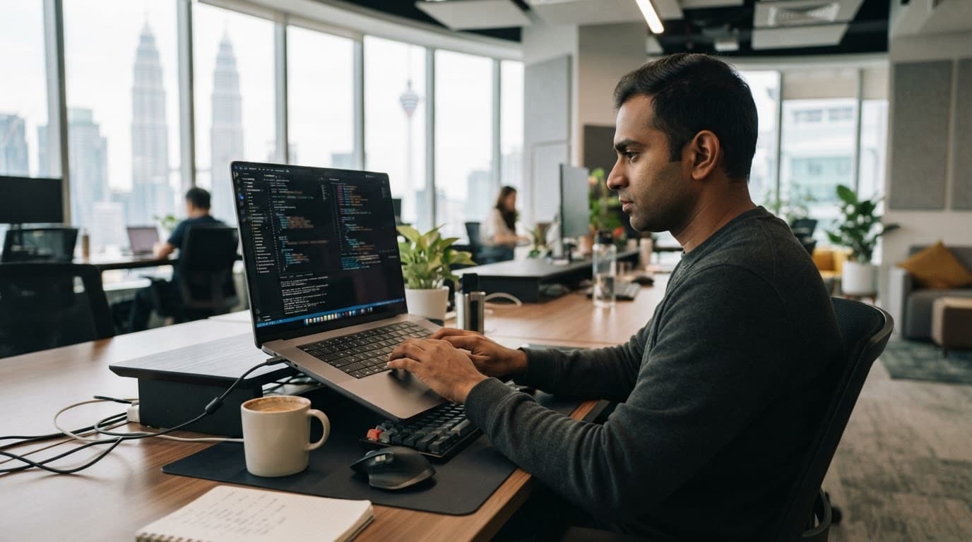 A developer using a laptop in a modern office workspace.