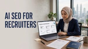 A recruitment manager reviews lead results on a laptop in a modern office.