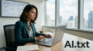 A Malaysian businesswoman studies search analytics on a laptop in a modern office.