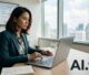 A Malaysian businesswoman studies search analytics on a laptop in a modern office.