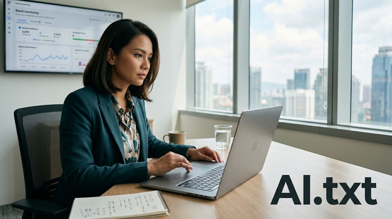 A Malaysian businesswoman studies search analytics on a laptop in a modern office.