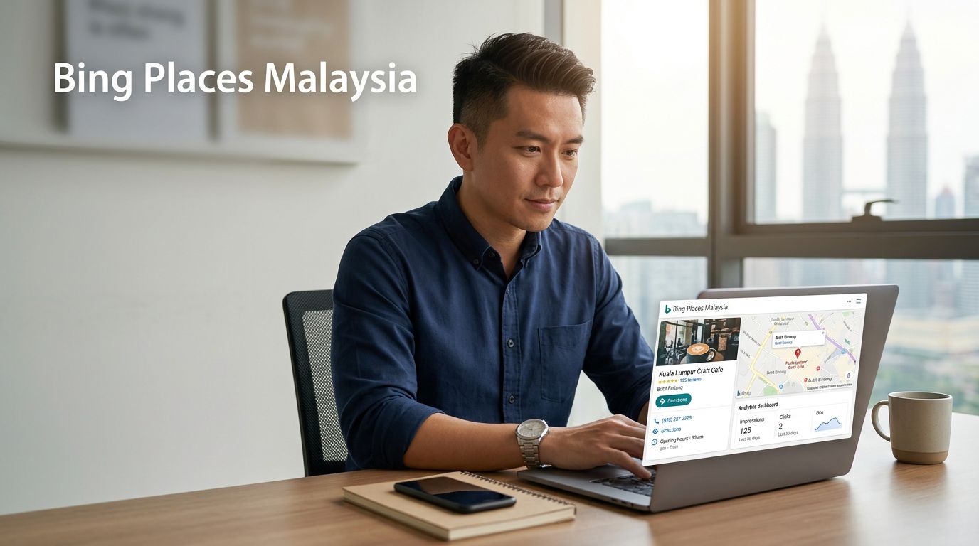 Malaysian business owner reviewing a local listing with map and contact details on a laptop.