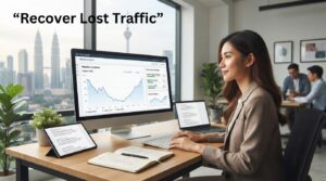 SEO strategist reviewing website traffic and keyword rankings on a laptop in a bright office.
