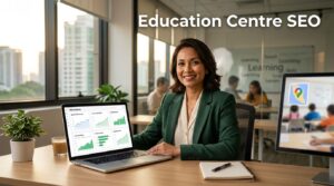 A Malaysian education centre owner reviews SEO charts beside a monitor showing classroom imagery and a Malaysia map pin.