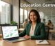 A Malaysian education centre owner reviews SEO charts beside a monitor showing classroom imagery and a Malaysia map pin.