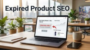 Laptop showing an unavailable product page beside analytics and a replacement product card.