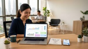 Laptop with privacy settings, a lead funnel sketch, cookie icon, and enquiry form phone.