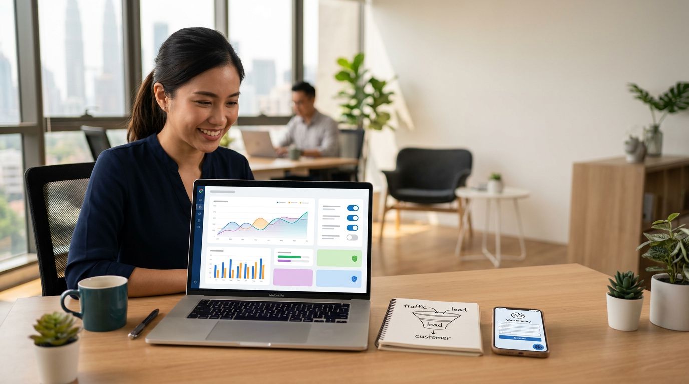 Laptop with privacy settings, a lead funnel sketch, cookie icon, and enquiry form phone.