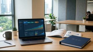 Laptop with rising SEO charts beside a research report and closed folder.