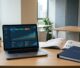 Laptop with rising SEO charts beside a research report and closed folder.