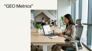 Strategist viewing a laptop dashboard with visibility metrics and search-result cards in a bright office.