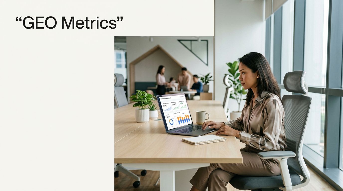 Strategist viewing a laptop dashboard with visibility metrics and search-result cards in a bright office.