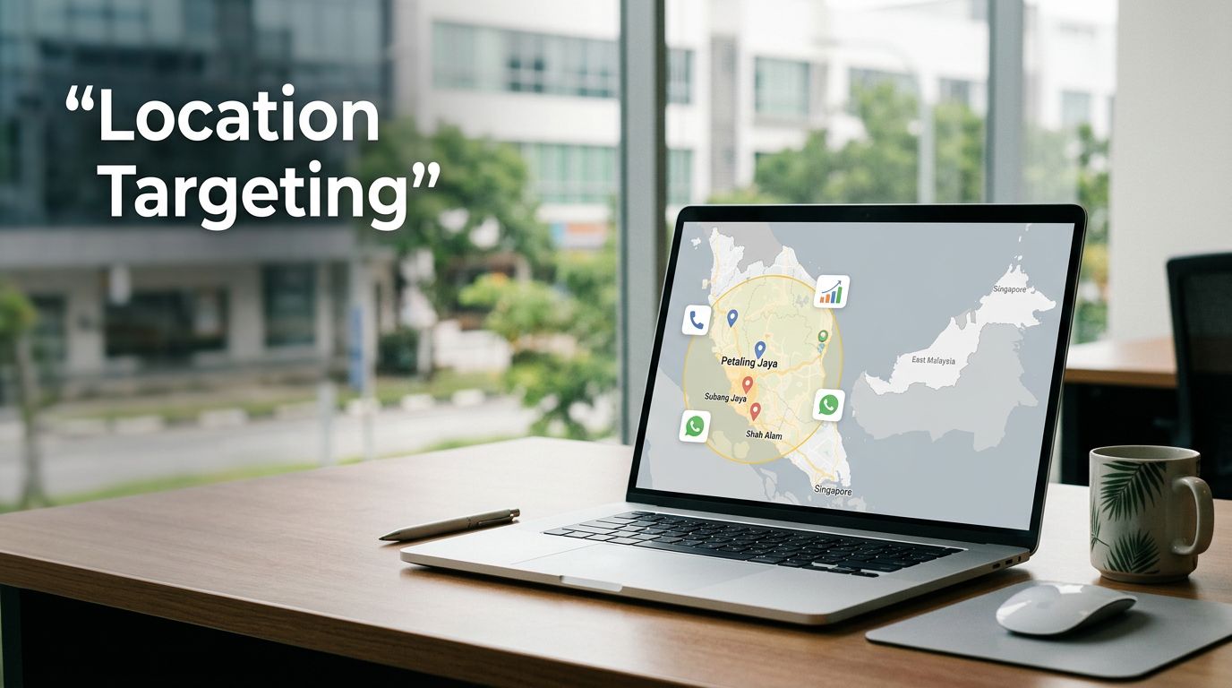 Laptop showing a Malaysia map with Petaling Jaya zones and local enquiry icons.