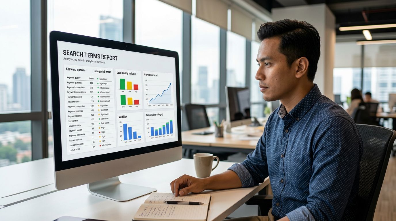 A Malaysian strategist reviews a search terms dashboard beside a notebook and coffee.