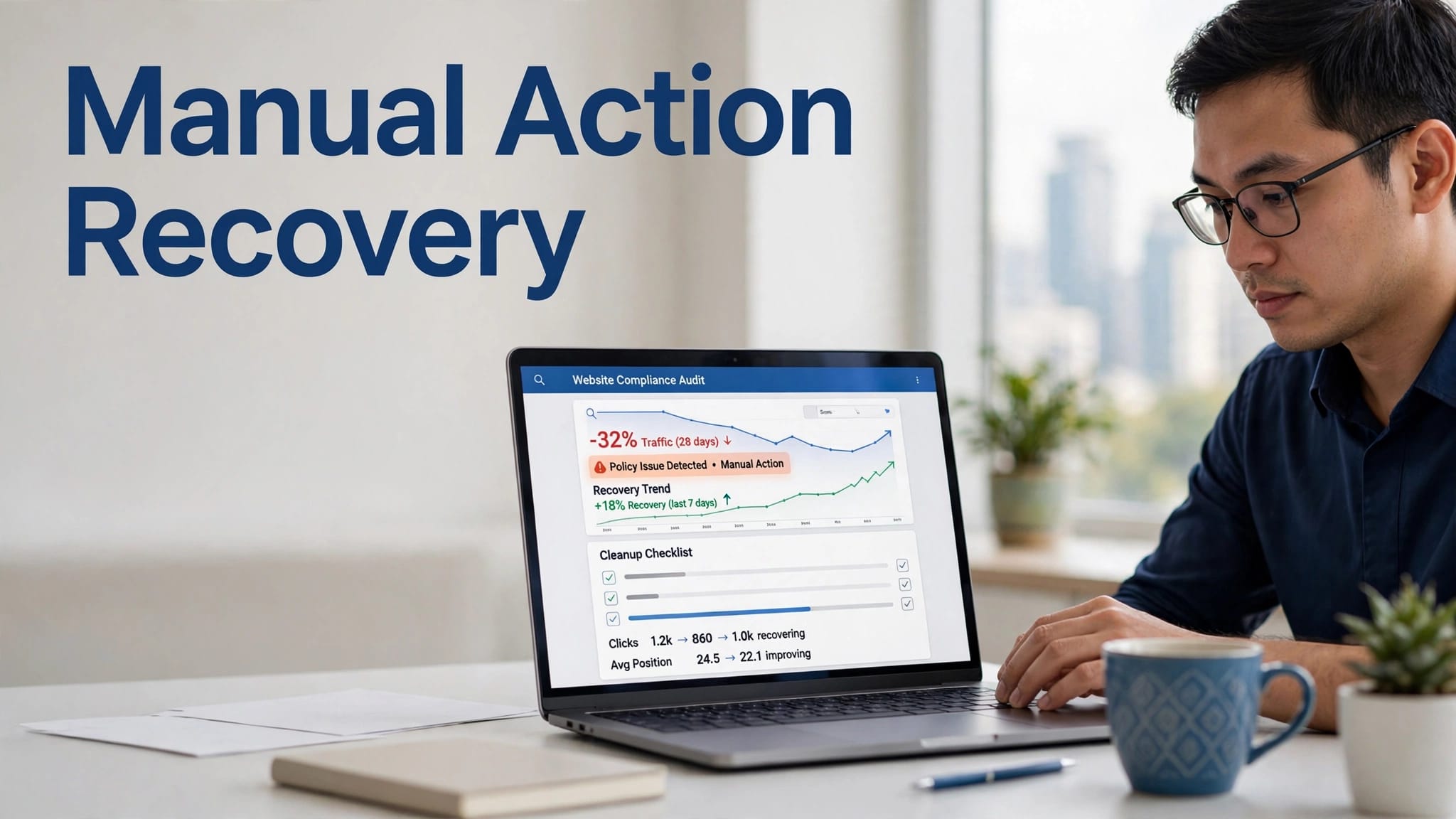 SEO consultant reviewing a laptop dashboard with a traffic drop and recovery trend.
