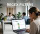 SEO strategist reviews a laptop dashboard with colored search intent tags.