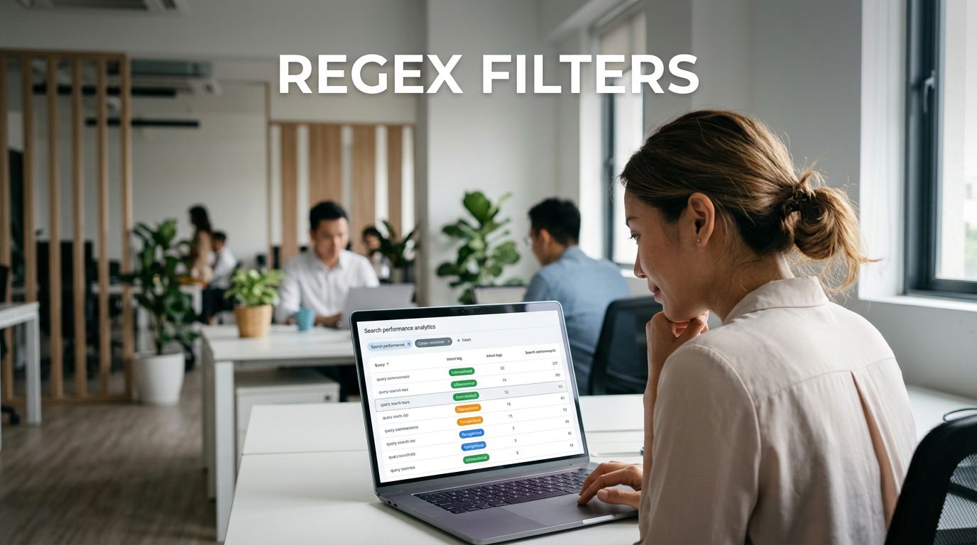 SEO strategist reviews a laptop dashboard with colored search intent tags.