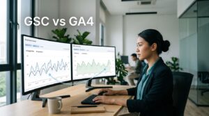 Marketer comparing search data and website conversions on two office screens.