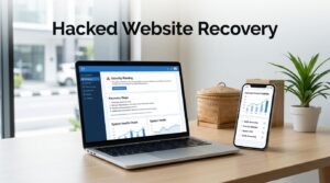 Laptop showing a security warning beside a phone with search charts and a recovery checklist.