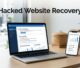 Laptop showing a security warning beside a phone with search charts and a recovery checklist.