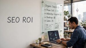 Malaysian business owner reviewing SEO analytics beside a funnel board labeled SEO ROI.